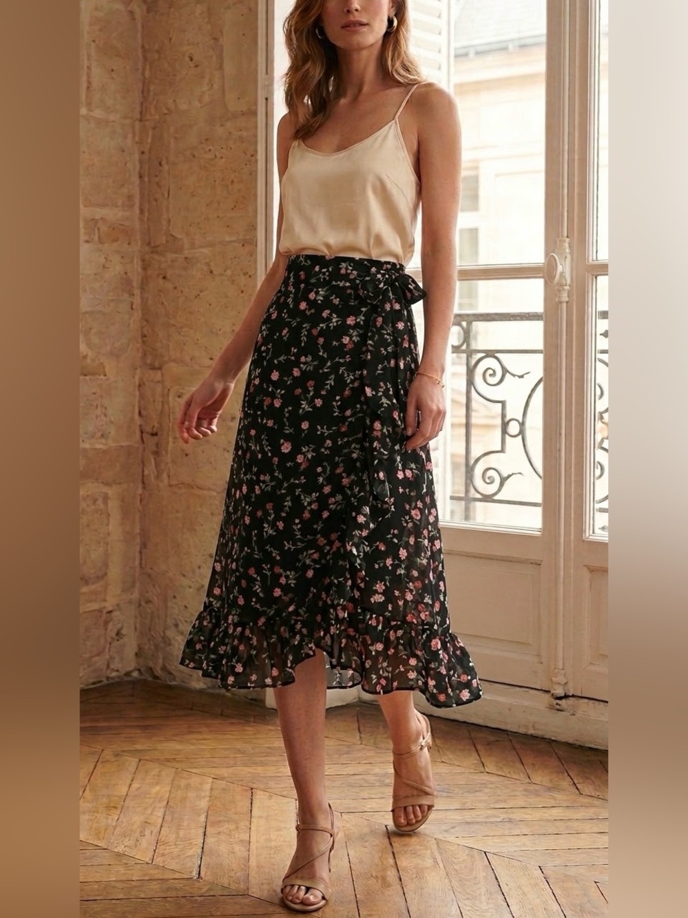 Ganni Black Floral Wrap Midi Skirt with Pink Floral Print 100% viscose